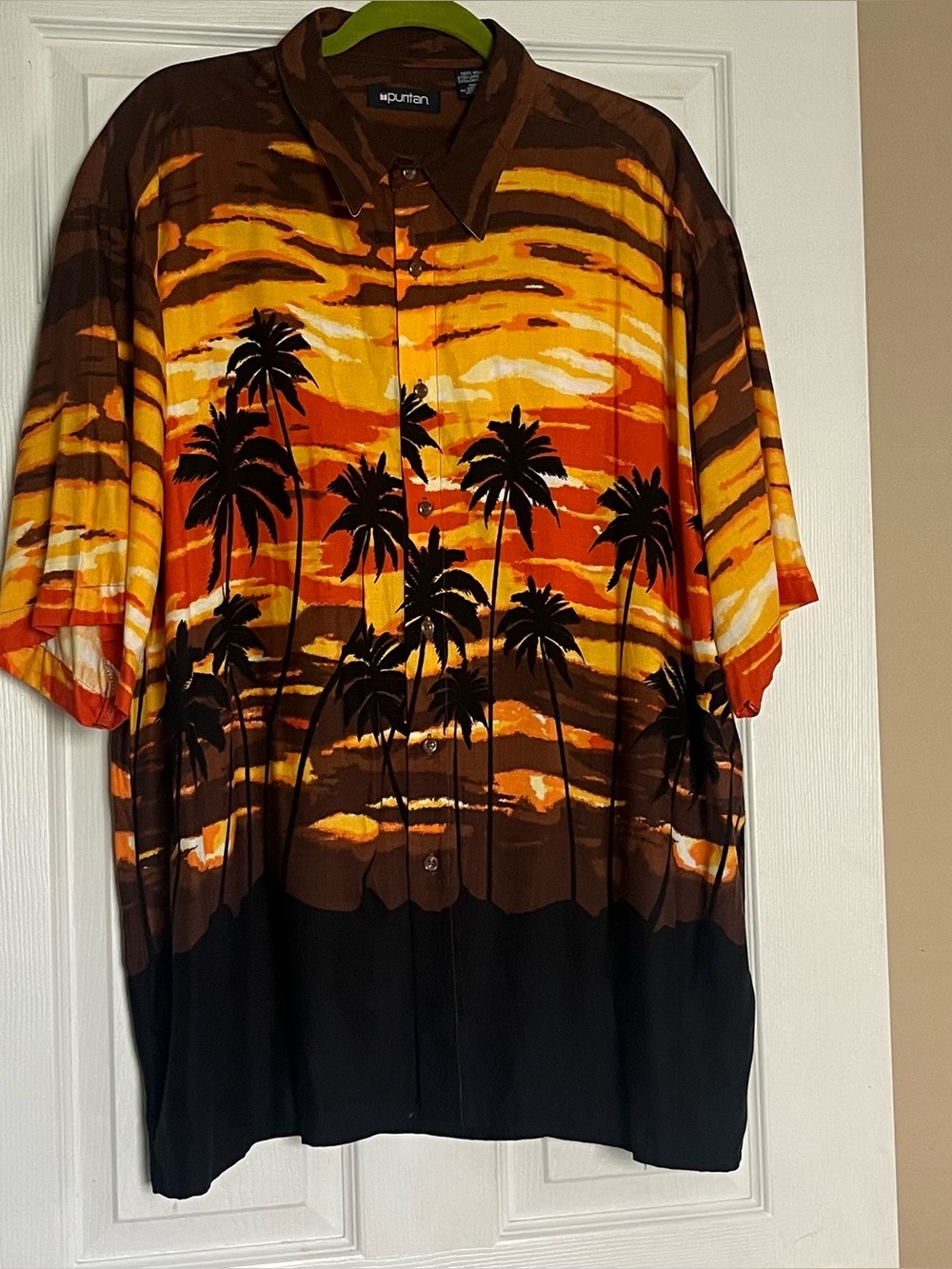 Puritan Men's XL Hawaiian Button Up Shirt with sunset and palm trees design